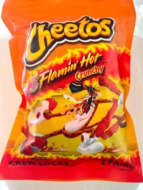Cheetos Flamin’ Hot Crunchy Crew Socks 2 Pair Unisex Size 8 to 12 New In Package